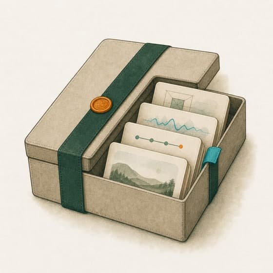 Illustration of a keepsake box holding family learning cards and sketches