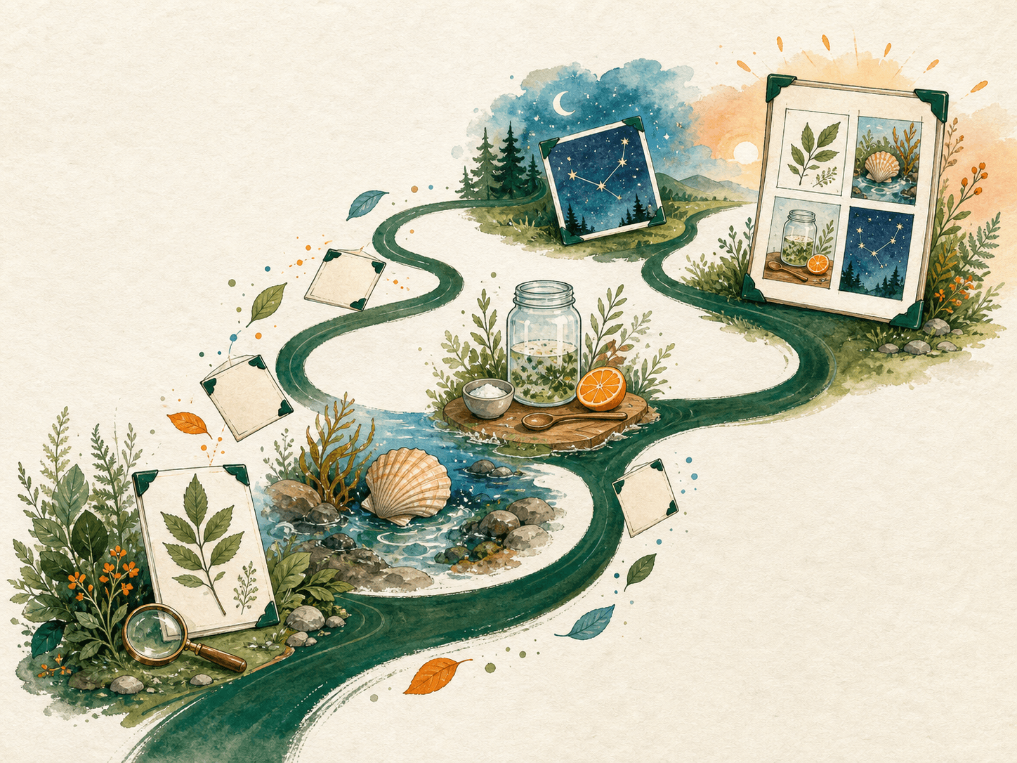 An illustrated learning trail connecting nature, science, creativity, and a finished portfolio