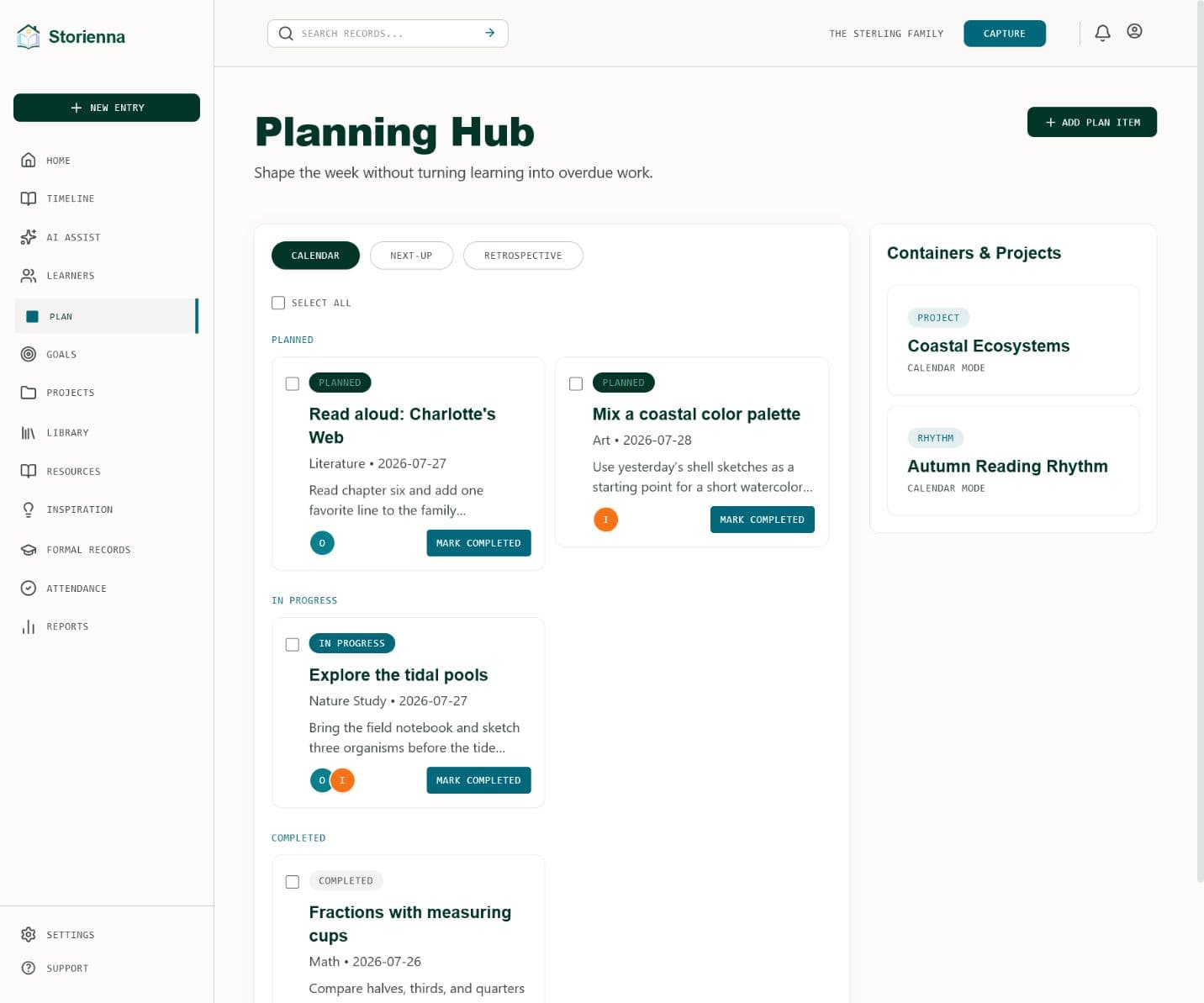Storianna planning workspace with a weekly calendar and flexible next-up queue