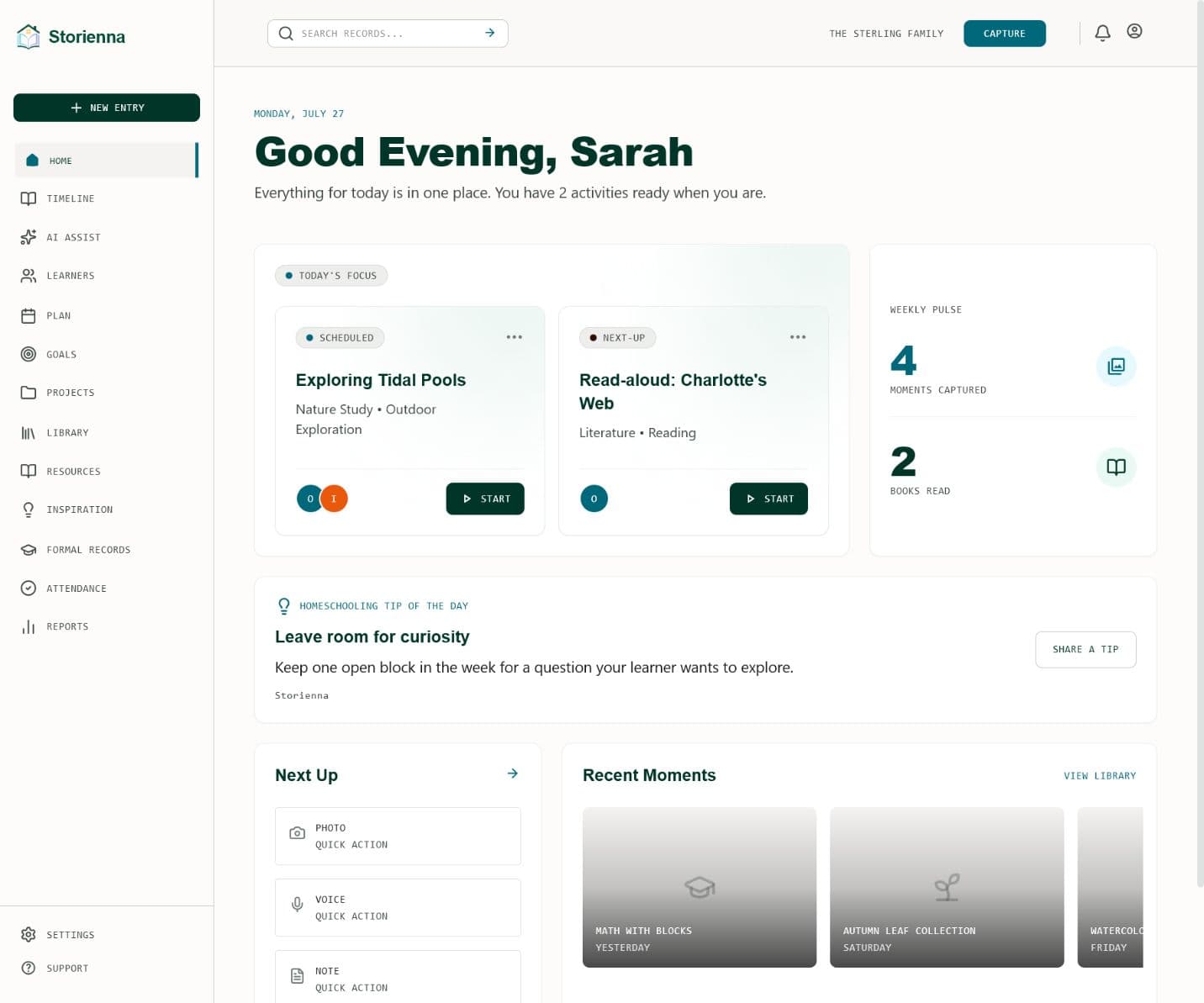 Storianna family learning dashboard showing plans, recent moments, and weekly progress
