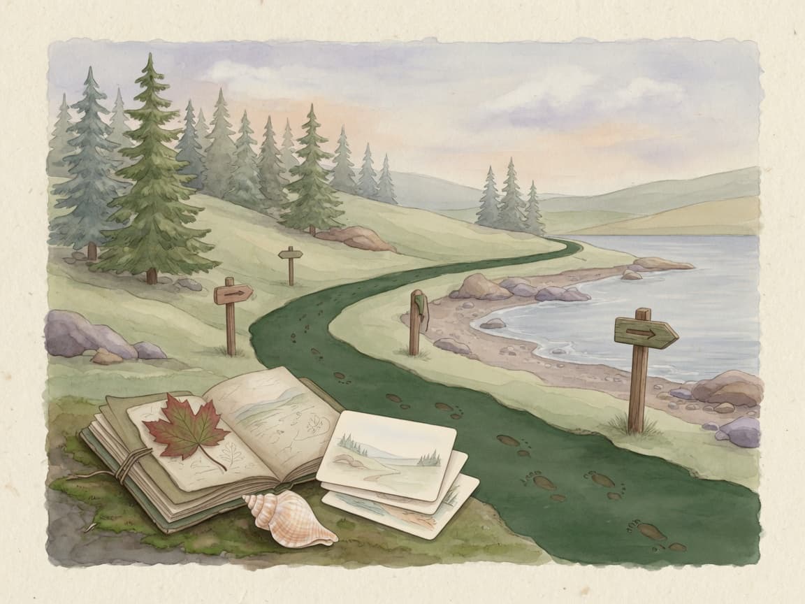 Illustration of a nature path, open journal, and memory cards suggesting a weekly learning story