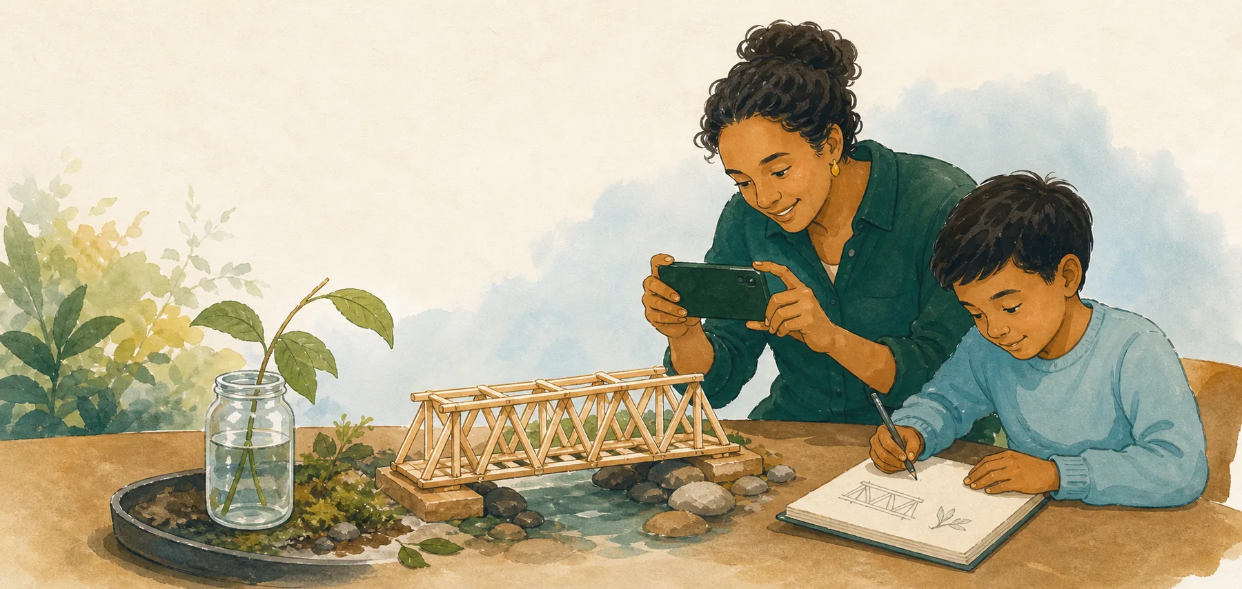 A parent photographs a bridge project while a learner sketches what they built.