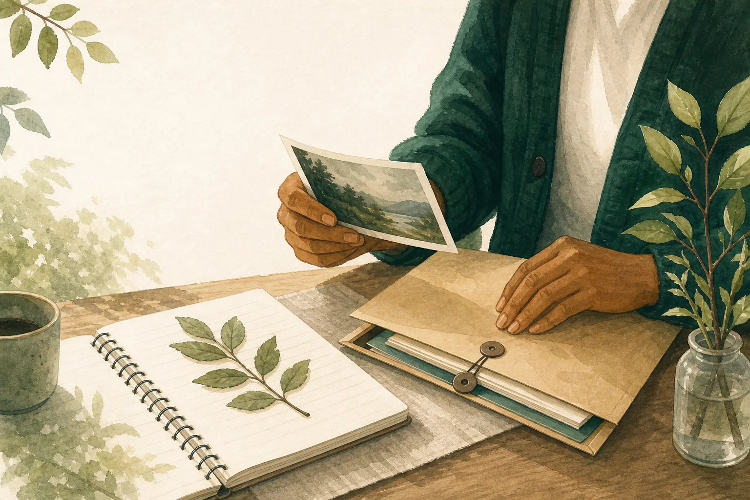 A parent organizing a learning photograph, notebook, and private record folders.